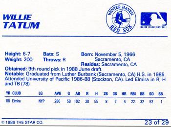 1989 Star Winter Haven Red Sox #23 Willie Tatum Back