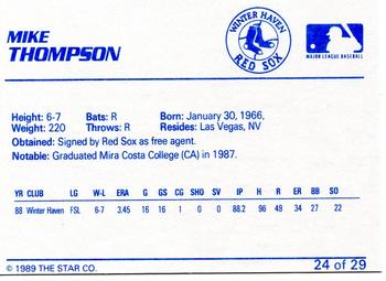 1989 Star Winter Haven Red Sox #24 Mike Thompson Back