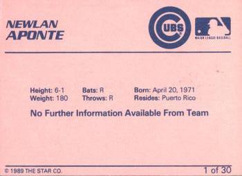 1989 Star Wytheville Cubs #1 Newlan Aponte Back