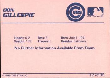 1989 Star Wytheville Cubs #12 Don Gillespie Back
