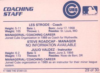 1989 Star Wytheville Cubs #29 Coaching Staff (Les Strode / Steve Roadcap / Julio Valdez) Back