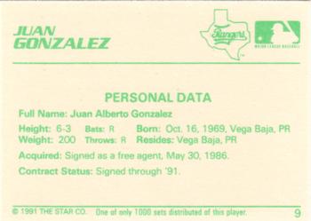 1991 Star The Future #9 Juan Gonzalez Back