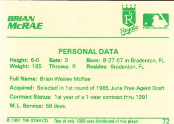 1991 Star The Future #72 Brian McRae Back