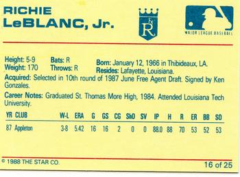 1988 Star Baseball City Royals #16 Richie LeBlanc, Jr. Back