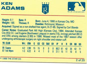 1988 Star Baseball City Royals #2 Ken Adams Back