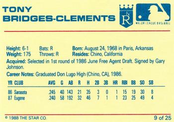 1988 Star Baseball City Royals #9 Tony Bridges-Clements Back