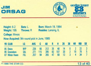 1988 Star Carolina League All-Stars #13 Jim Orsag Back