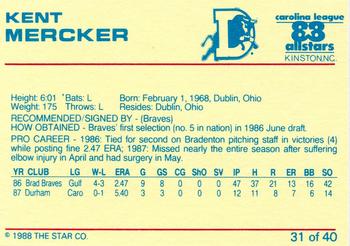 1988 Star Carolina League All-Stars #31 Kent Mercker Back