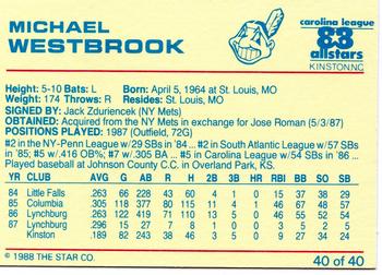 1988 Star Carolina League All-Stars #40 Michael Westbrook Back
