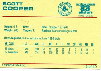 1988 Star Carolina League All-Stars #5 Scott Cooper Back
