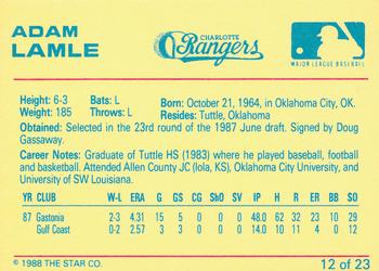 1988 Star Charlotte Rangers #12 Adam Lamle Back