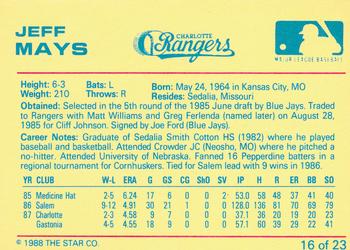 1988 Star Charlotte Rangers #16 Jeff Mays Back