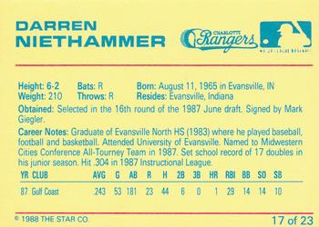 1988 Star Charlotte Rangers #17 Darren Niethammer Back