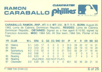 1988 Star Clearwater Phillies #6 Ramon Caraballo Back