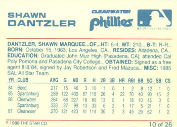 1988 Star Clearwater Phillies #10 Shawn Dantzler Back