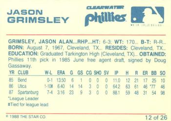 1988 Star Clearwater Phillies #12 Jason Grimsley Back