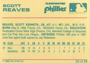 1988 Star Clearwater Phillies #20 Scott Reaves Back