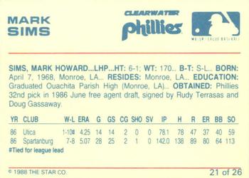 1988 Star Clearwater Phillies #21 Mark Sims Back