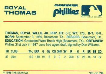 1988 Star Clearwater Phillies #25 Royal Thomas Back