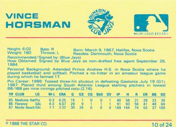 1988 Star Dunedin Blue Jays #10 Vince Horsman Back