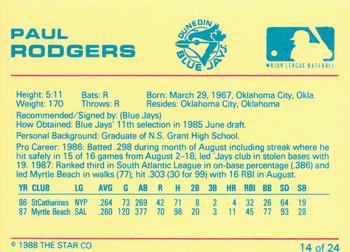 1988 Star Dunedin Blue Jays #14 Paul Rodgers Back