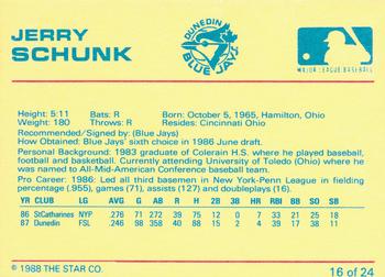 1988 Star Dunedin Blue Jays #16 Jerry Schunk Back