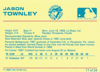 1988 Star Dunedin Blue Jays #17 Jason Townley Back