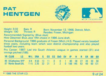 1988 Star Dunedin Blue Jays #9 Pat Hentgen Back