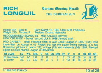 1988 Star Durham Bulls Orange Border #10 Rich Longuil Back
