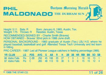 1988 Star Durham Bulls Orange Border #11 Phil Maldonado Back