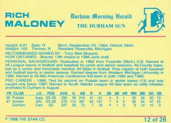 1988 Star Durham Bulls Orange Border #12 Rich Maloney Back