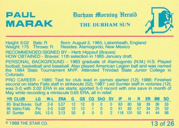 1988 Star Durham Bulls Orange Border #13 Paul Marak Back