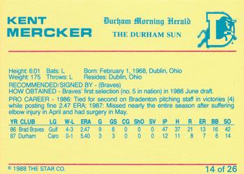 1988 Star Durham Bulls Orange Border #14 Kent Mercker Back