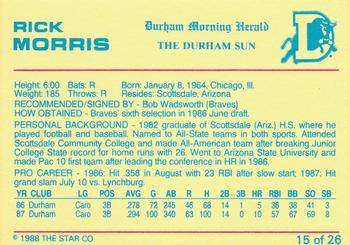 1988 Star Durham Bulls Orange Border #15 Rick Morris Back