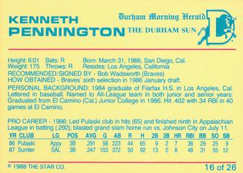 1988 Star Durham Bulls Orange Border #16 Kenneth Pennington Back