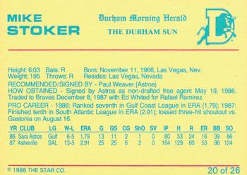 1988 Star Durham Bulls Orange Border #20 Mike Stoker Back