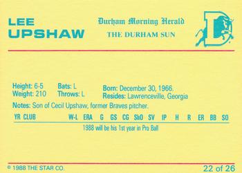 1988 Star Durham Bulls Orange Border #22 Lee Upshaw Back