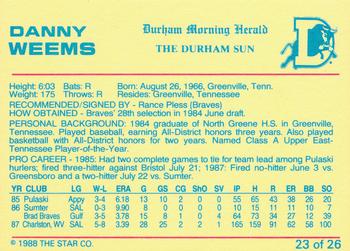 1988 Star Durham Bulls Orange Border #23 Danny Weems Back