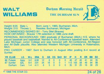 1988 Star Durham Bulls Orange Border #24 Walt Williams Back
