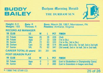 1988 Star Durham Bulls Orange Border #25 Buddy Bailey Back