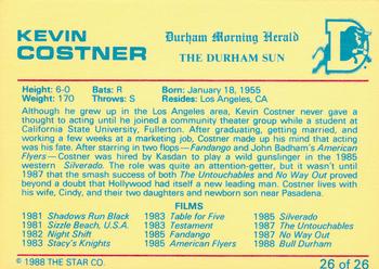 1988 Star Durham Bulls Orange Border #26 Kevin Costner  Back