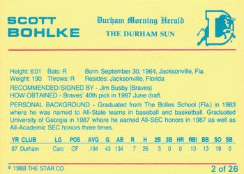 1988 Star Durham Bulls Orange Border #2 Scott Bohlke Back