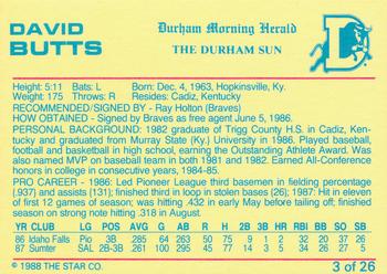 1988 Star Durham Bulls Orange Border #3 David Butts Back