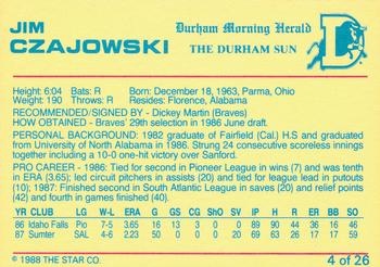 1988 Star Durham Bulls Orange Border #4 Jim Czajowski Back