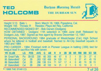 1988 Star Durham Bulls Orange Border #7 Ted Holcomb Back