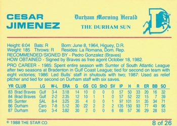 1988 Star Durham Bulls Orange Border #8 Cesar Jimenez Back
