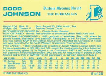 1988 Star Durham Bulls Orange Border #9 Dodd Johnson Back