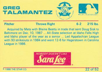 1988 Star Florida State League All-Stars #22 Greg Talamantez Back