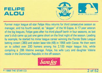 1988 Star Florida State League All-Stars #2 Felipe Alou Back