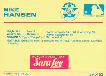 1988 Star Florida State League All-Stars #39 Mike Hansen Back
